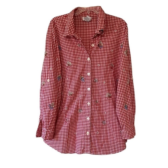 Vintage Gingham Plaid Embroidered Fruit Floral Long Sleeve Shirt Sz 1X - Picture 1 of 9